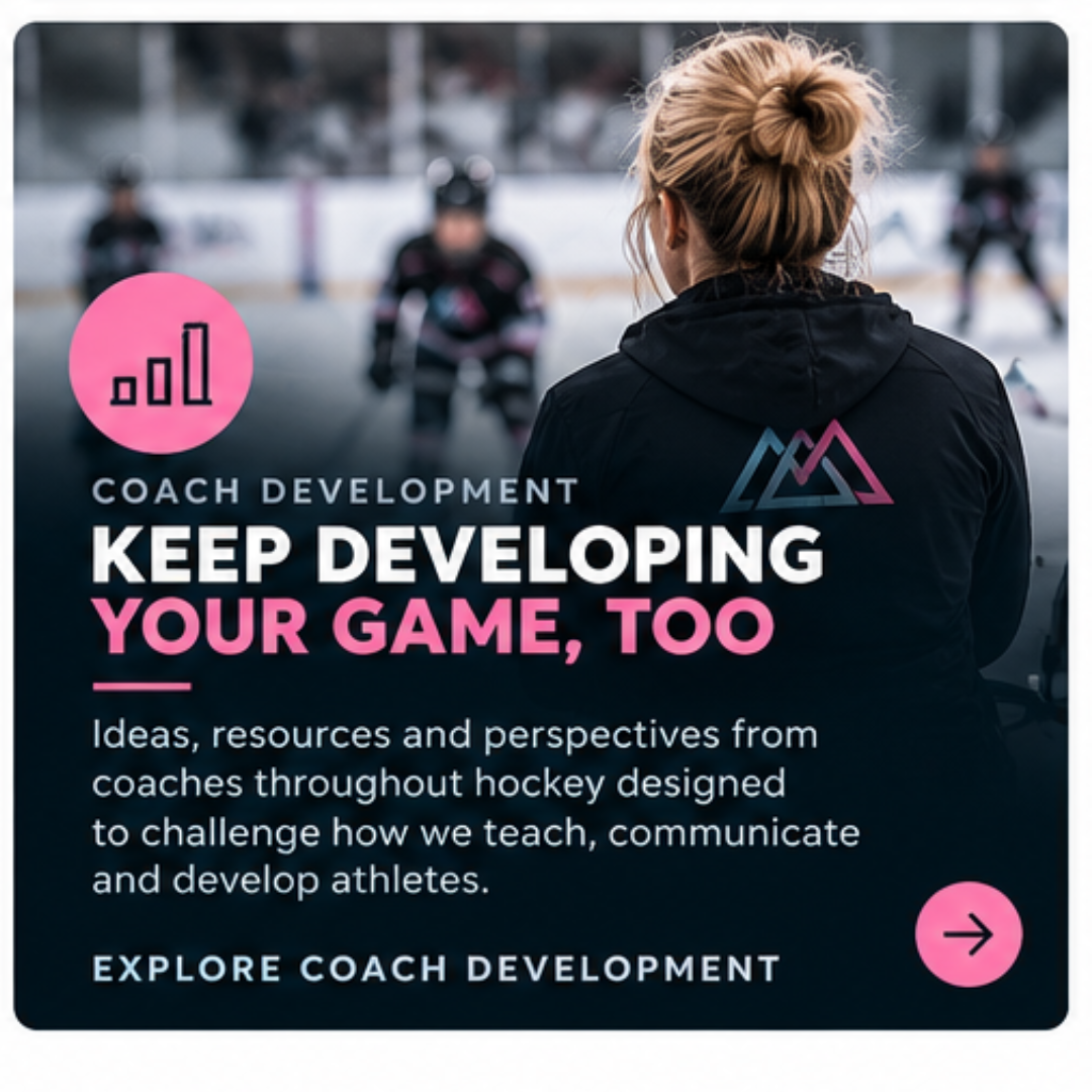 A sports coach watching hockey players practicing on an outdoor ice rink with a blurred background. Text overlay promotes coach development programs focusing on building athletes and improving coaching skills.