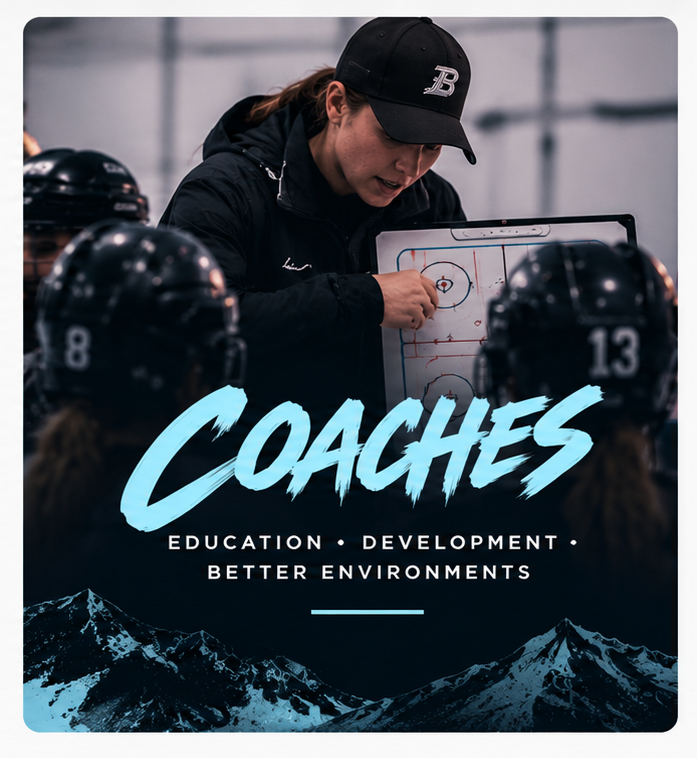 A female coach explains hockey strategy on a whiteboard to a team of young players wearing helmets, in an indoor ice rink with mountain scenery at the bottom of the poster.