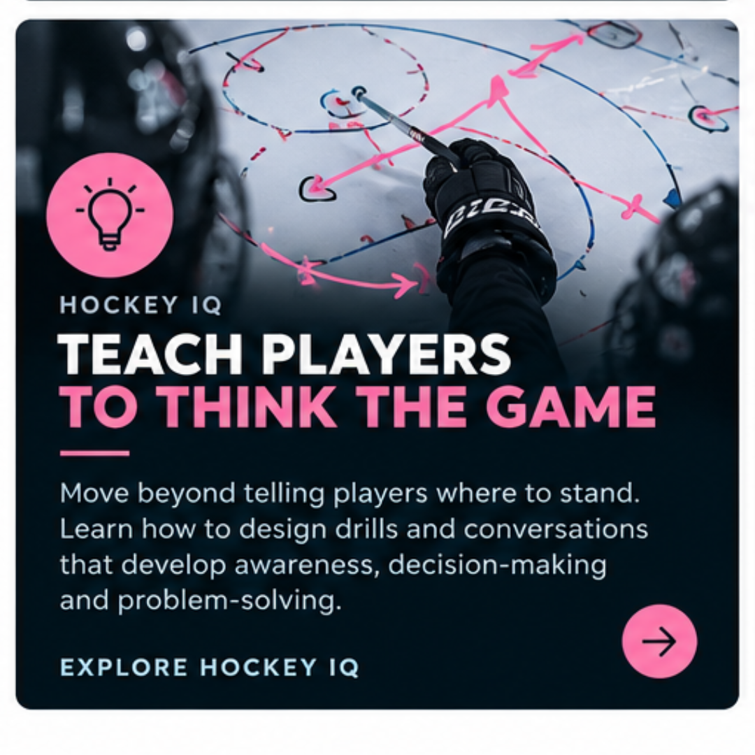 Promotional graphic for Hockey IQ, a program teaching hockey players to think strategically. It features a hockey play diagram with pink and blue markings, a person in hockey gloves drawing on the diagram, and a pink lightbulb icon. The text encourages moving beyond basic instructions and designing drills that develop awareness, decision-making, and problem-solving.