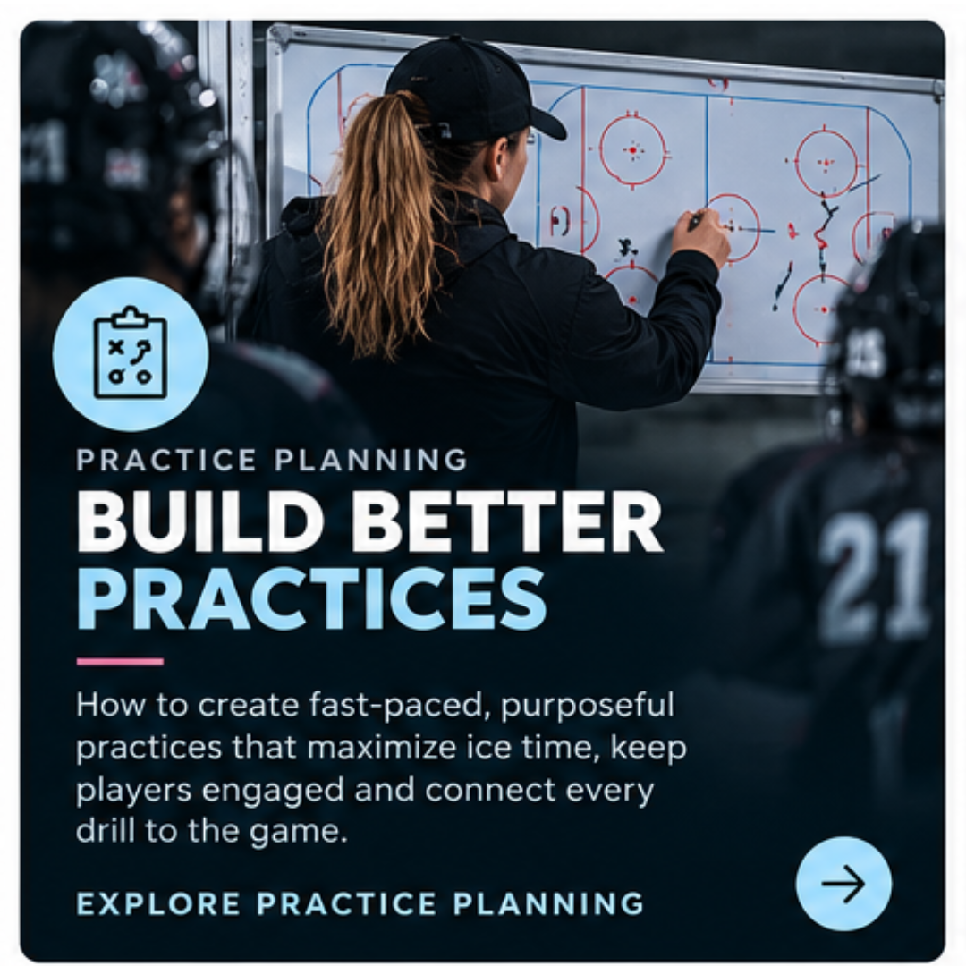 A woman hockey coach drawing strategies on a whiteboard while hockey players watch during practice. The image is promoting practice planning for better hockey practices.