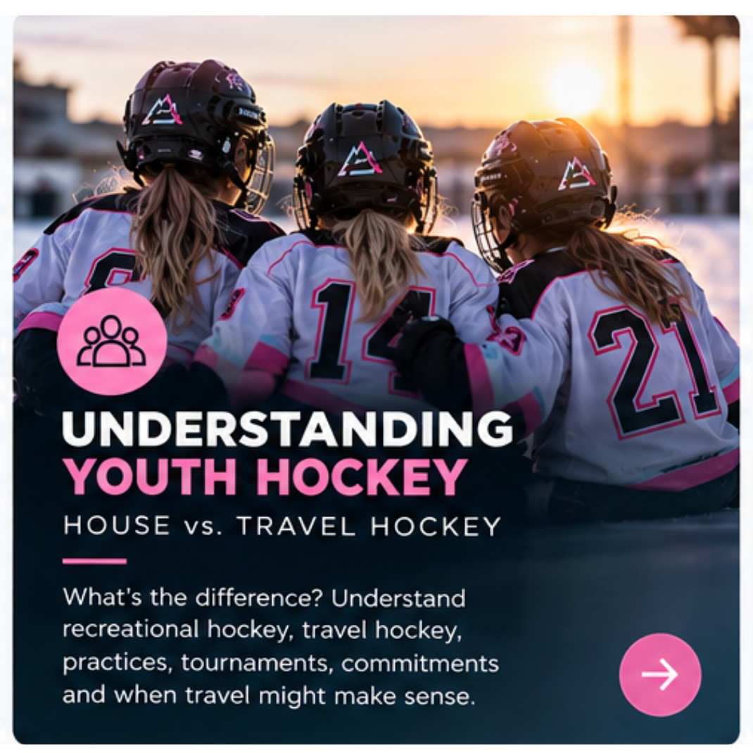 Group of young girls in hockey uniforms and helmets, standing together on ice during sunset