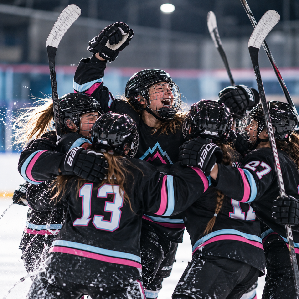 A group of female ice hockey players celebrating on the ice, wearing black uniforms with pink and blue accents, and black helmets, embracing each other in a huddle.
