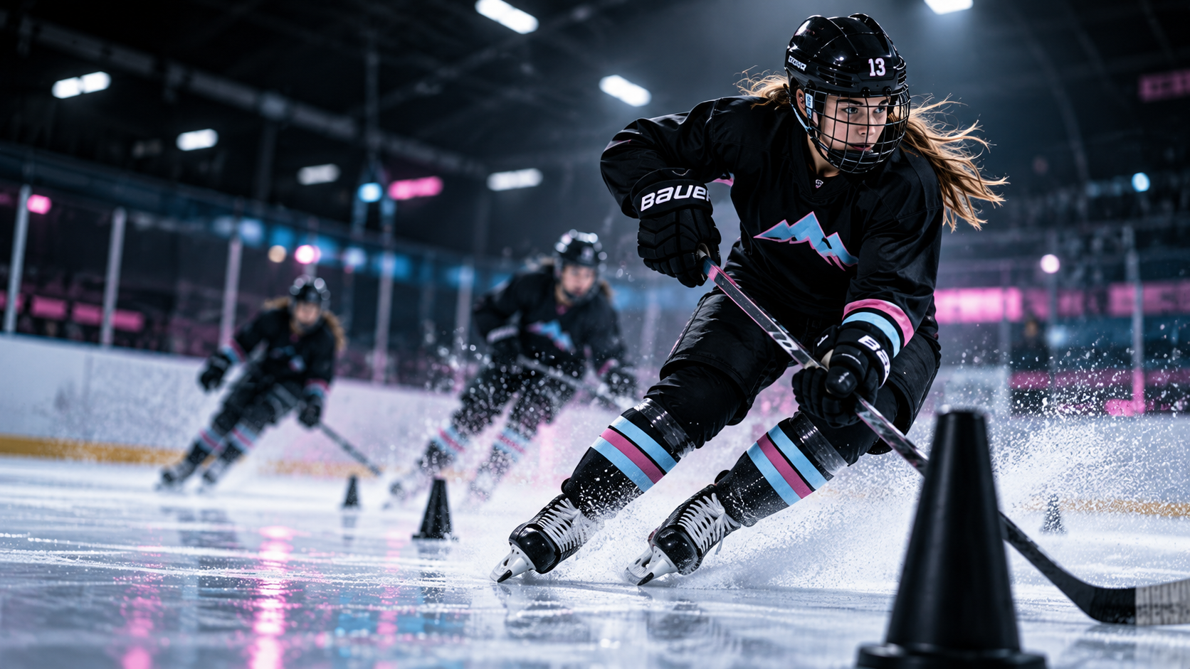 Women hockey players in black jerseys with pink and blue accents skating on an ice rink, practicing drills with cones, inside an indoor arena.