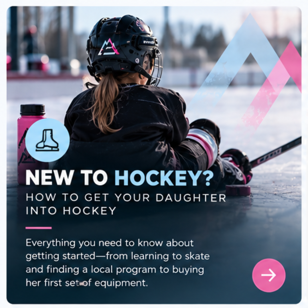 A young girl in hockey gear sitting on ice rink with a water bottle and hockey equipment, promoting a guide for beginners to get into hockey