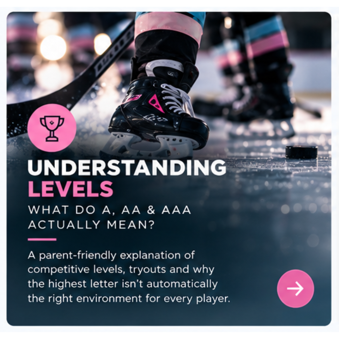 Close-up of hockey skates, hockey stick, and puck on ice rink surface with blurred players in the background. Overlaid text explains understanding hockey levels and their meanings.