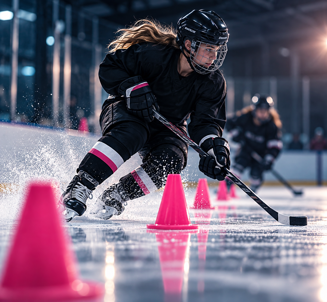 Female hockey player in black uniform and helmet practicing skating around pink cones on ice rink during evening, with another player in background.