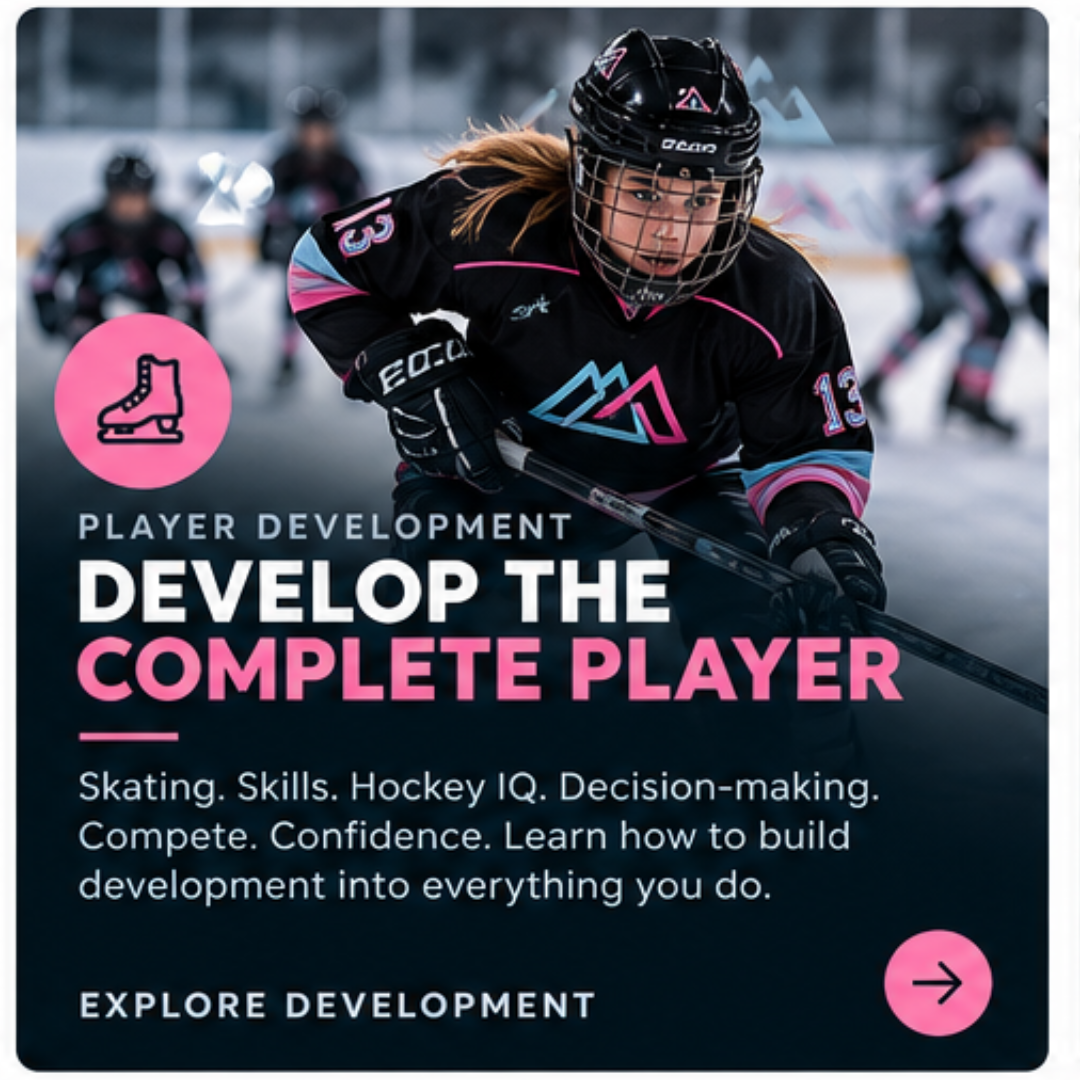A female hockey player in black and pink uniform skating on ice, with other players in the background. The image features an icon of a hockey skate in a pink circle and text promoting player development in hockey.
