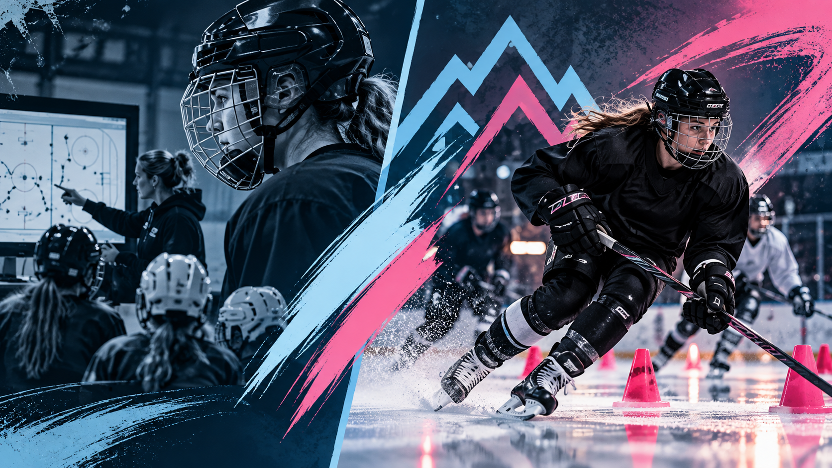 Split-screen image with on the left a hockey coach pointing at a whiteboard during a training session with young female players wearing helmets, and on the right a female ice hockey player in full gear skating through cones on ice during practice.