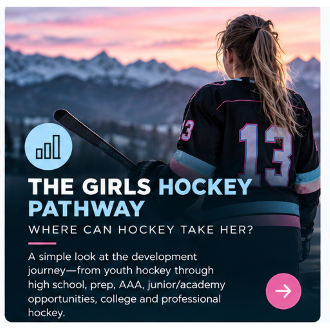 A young woman with blonde hair tied in a ponytail, wearing a black hockey jersey with pink and blue accents and the number 13, standing outdoors at sunset with snow-capped mountains in the background, holding a hockey stick.