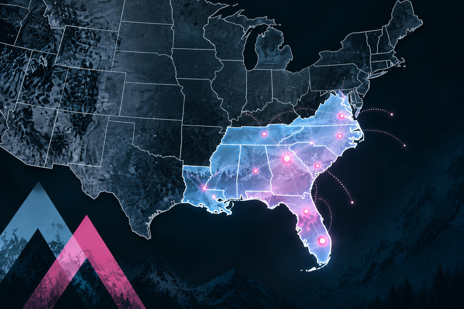A digital map of the United States highlighting the southeastern region with multiple glowing points connected by lines, overlaid on a mountainous background.
