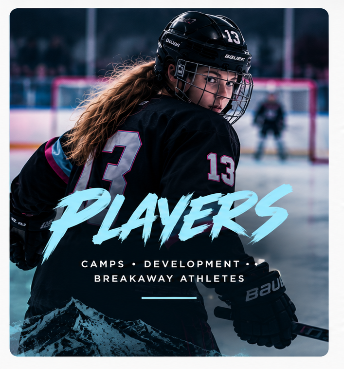 A female ice hockey player in black uniform with the number 13, wearing a helmet and gloves, on the ice rink during a game or practice, with text promoting camps, development, and breakaway athletes.