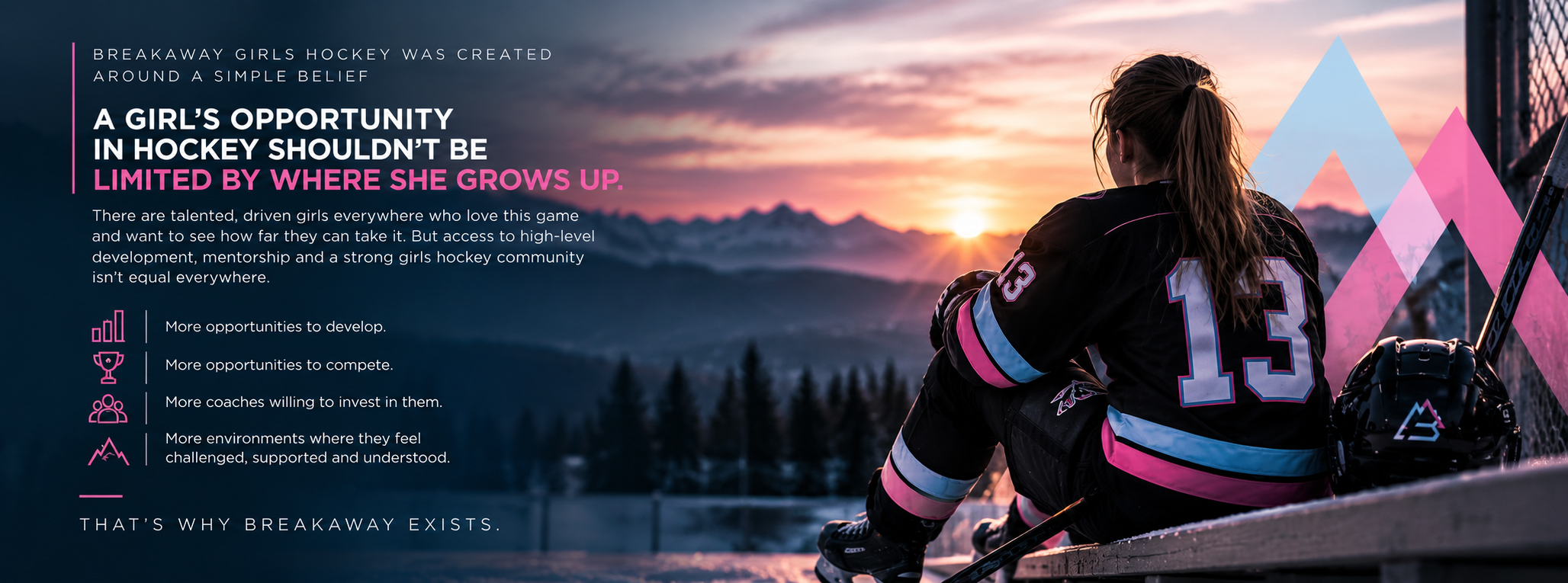 A young female hockey player sitting on the edge of a snowy sports rink during sunset, wearing a black hockey jersey with pink, blue, and white details, and a helmet placed beside her.