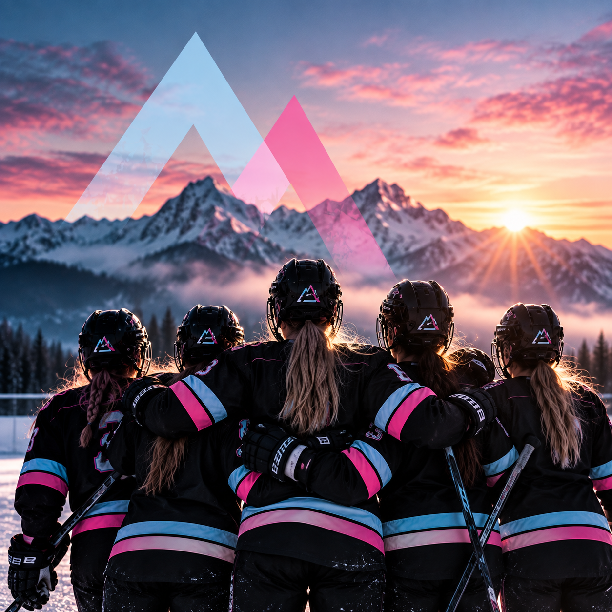 A group of female hockey players in black jerseys with pink and blue stripes, wearing helmets, standing together on a snow-covered field with their arms around each other, overlooking a mountain range during a sunset.