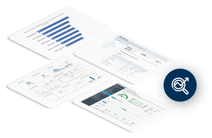 Four digital tablets displaying various analytics dashboards, graphs, and data visualizations on a white surface, with a magnifying glass icon featuring an upward trending arrow at Encore Marketing Services