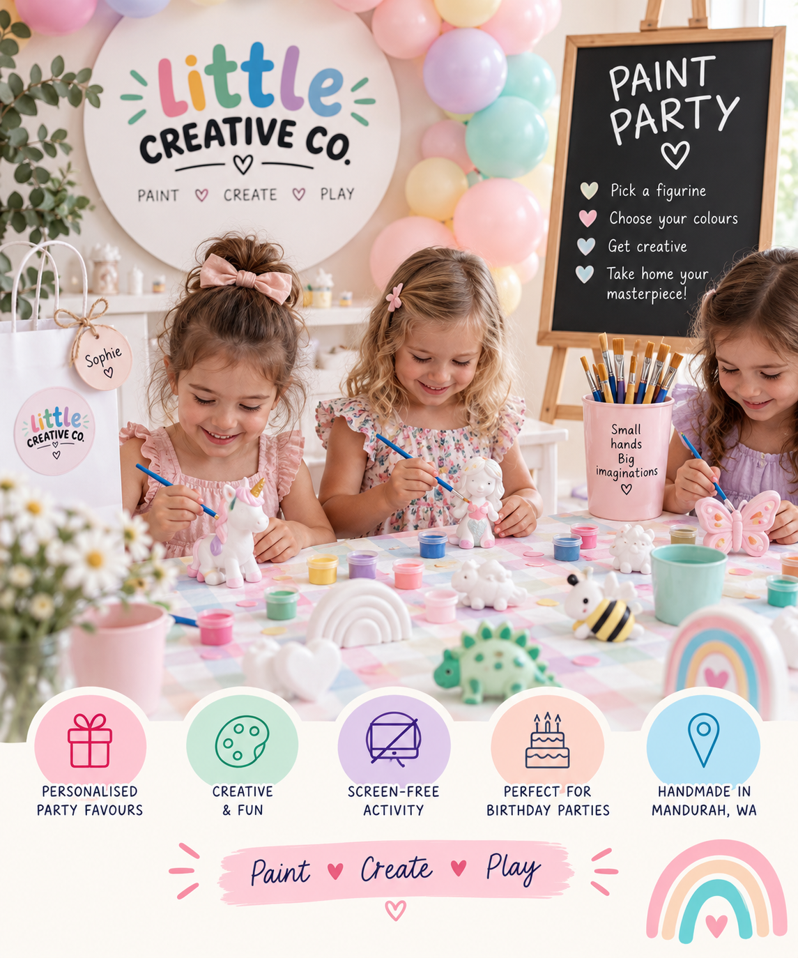 Three young girls painting unicorn and llama figurines at a princess-themed craft party with colorful balloons and decorations.