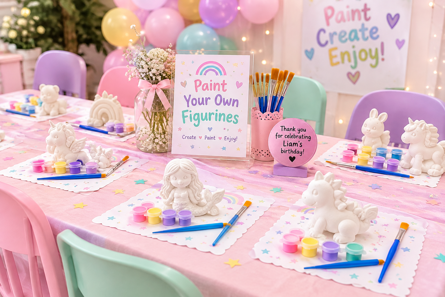 Decorated table for a children's birthday party with unicorn figurines, paint pots, and brushes, pink table cover, pastel colored chairs, and a backdrop with balloons and a sign saying 'Paint Your Own Figures' and 'Paint Create Enjoy!'.