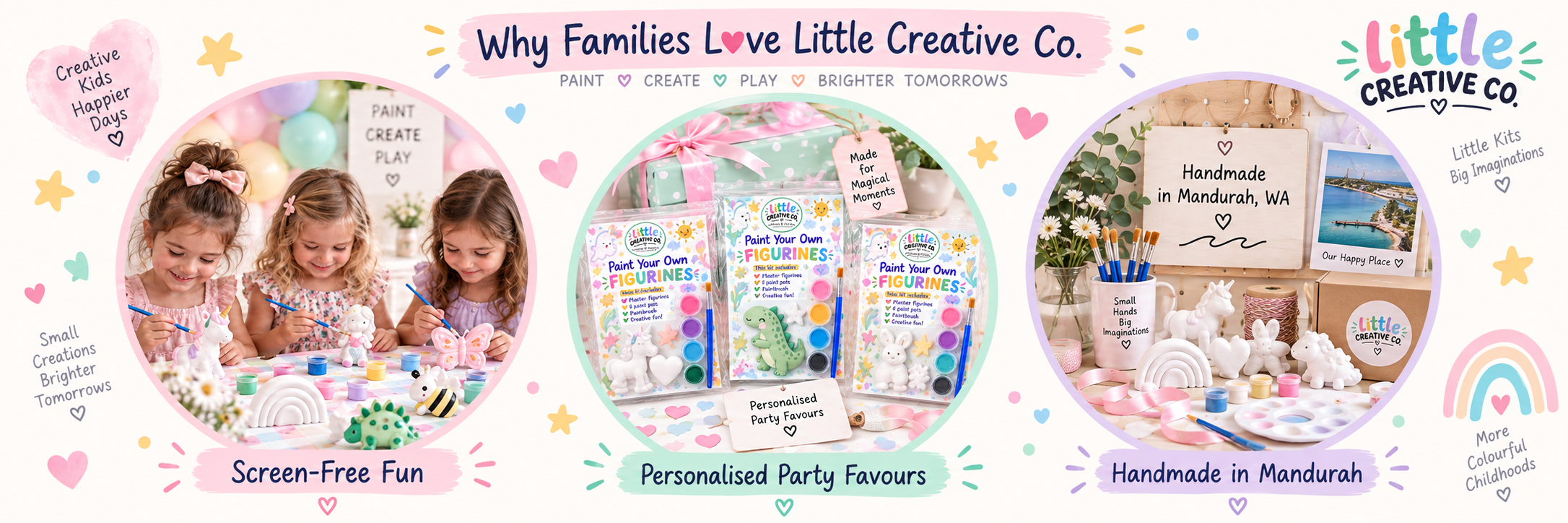 Colorful promotional image for Little Creative Co., showing children painting small figurines, highlighted by pastel colors, hearts, stars, and rainbow decorations, emphasizing creativity, play, and handmade crafts for children.