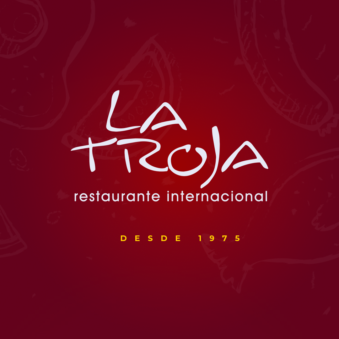Logotipo de La Troja, restaurante internacional, en fondo rojo.