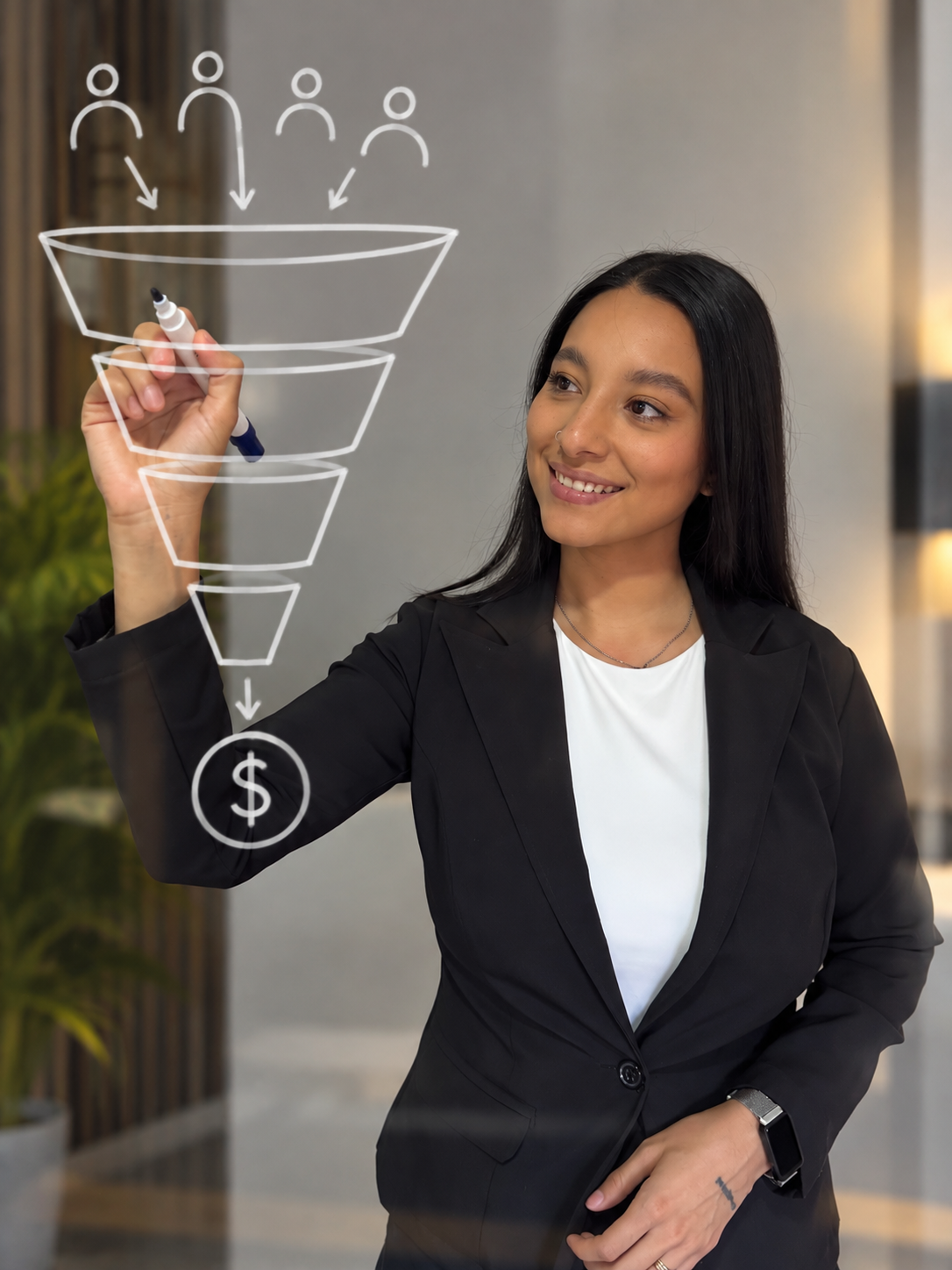 Mujer de oficina sonriendo, dibujando un embudo de ventas con íconos de personas y un símbolo de dólar en un pizarrón transparente.
