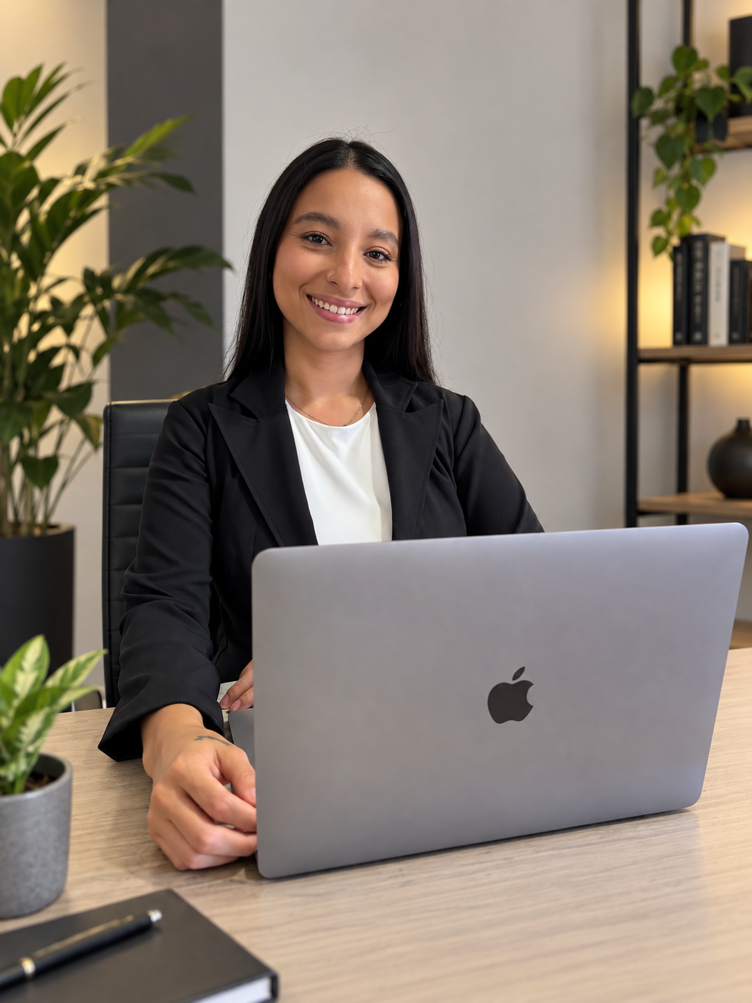 Mujer sonriente usando blusa blanca y traje negro, sentada en una oficina moderna con plantas y estantería con libros, frente a una computadora portátil de Apple.