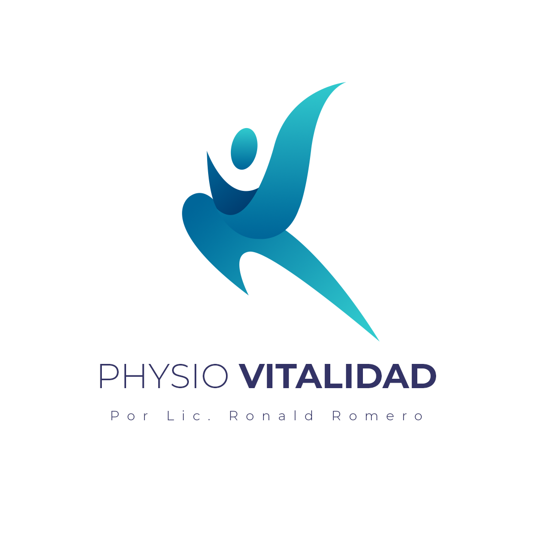 Logotipo de fisioterapia que muestra una figura humana en movimiento con tonos azules y el texto 'Fisio Vitalidad por Lic. Ronald Romero' abajo.