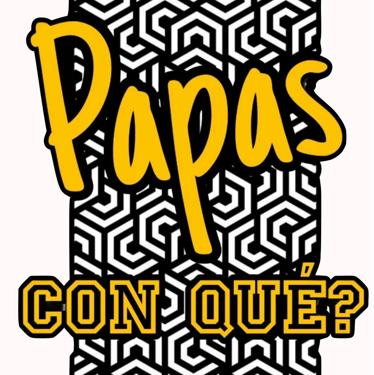 Texto en la imagen que dice '¿Papás con qué?' sobre un fondo con patrón de líneas en blanco y negro y letras en amarillo y negro.
