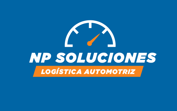 Logotipo de NP Soluciones Logística Automotriz con un velocímetro y texto en fondo azul.