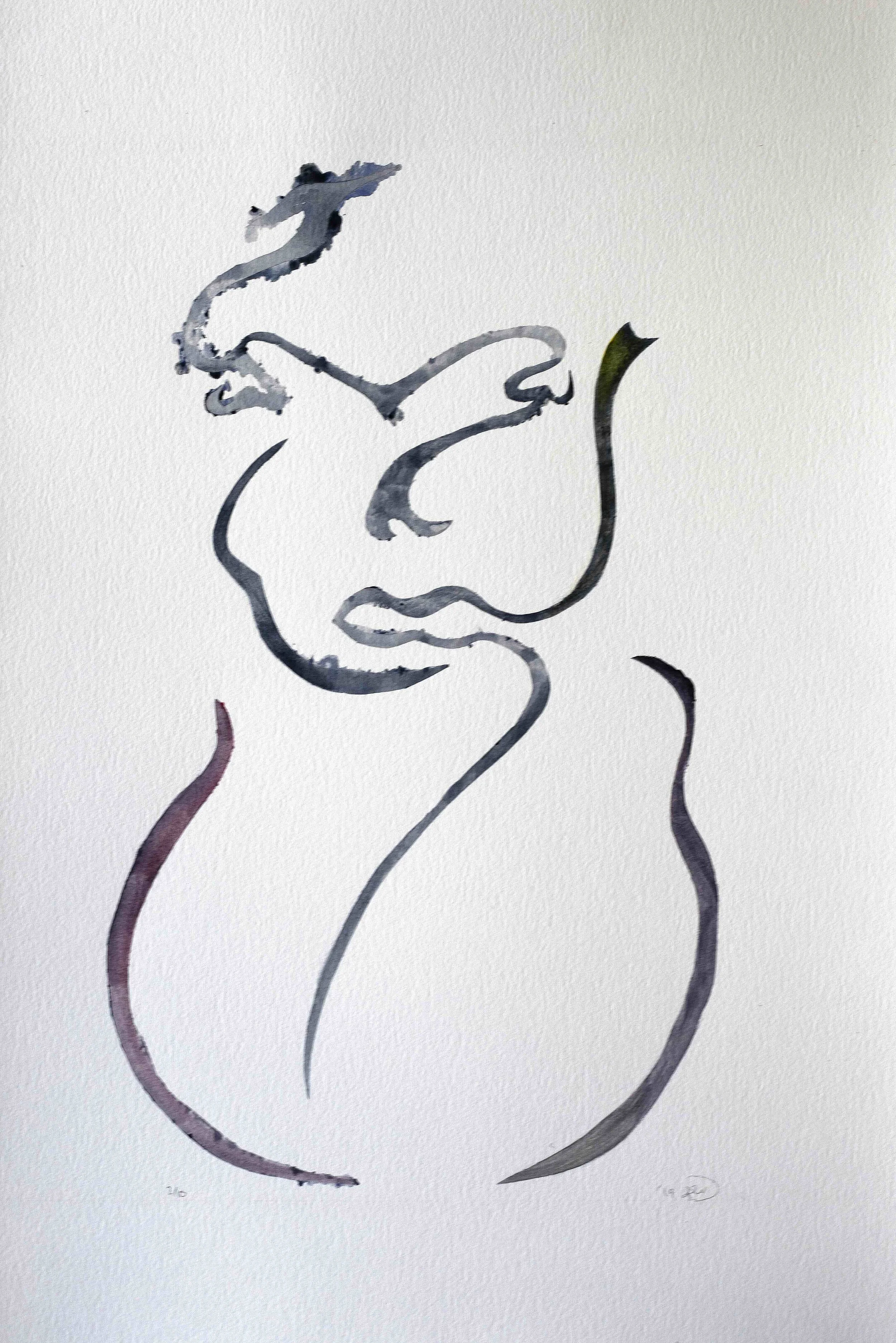 A minimalist line drawing of a woman's face with flowing hair, created with watercolor in shades of gray and purple.