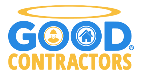 Logo for Good Contractors with a halo above the words 'Good Contractors' and icons of a person and a house within the letters.