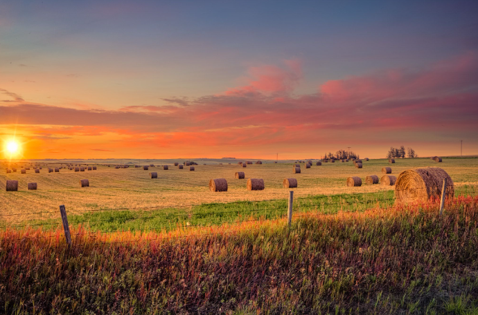 Sunset over rural farmland with hay bales scattered across a field, a fence in the foreground, and a colorful sky.