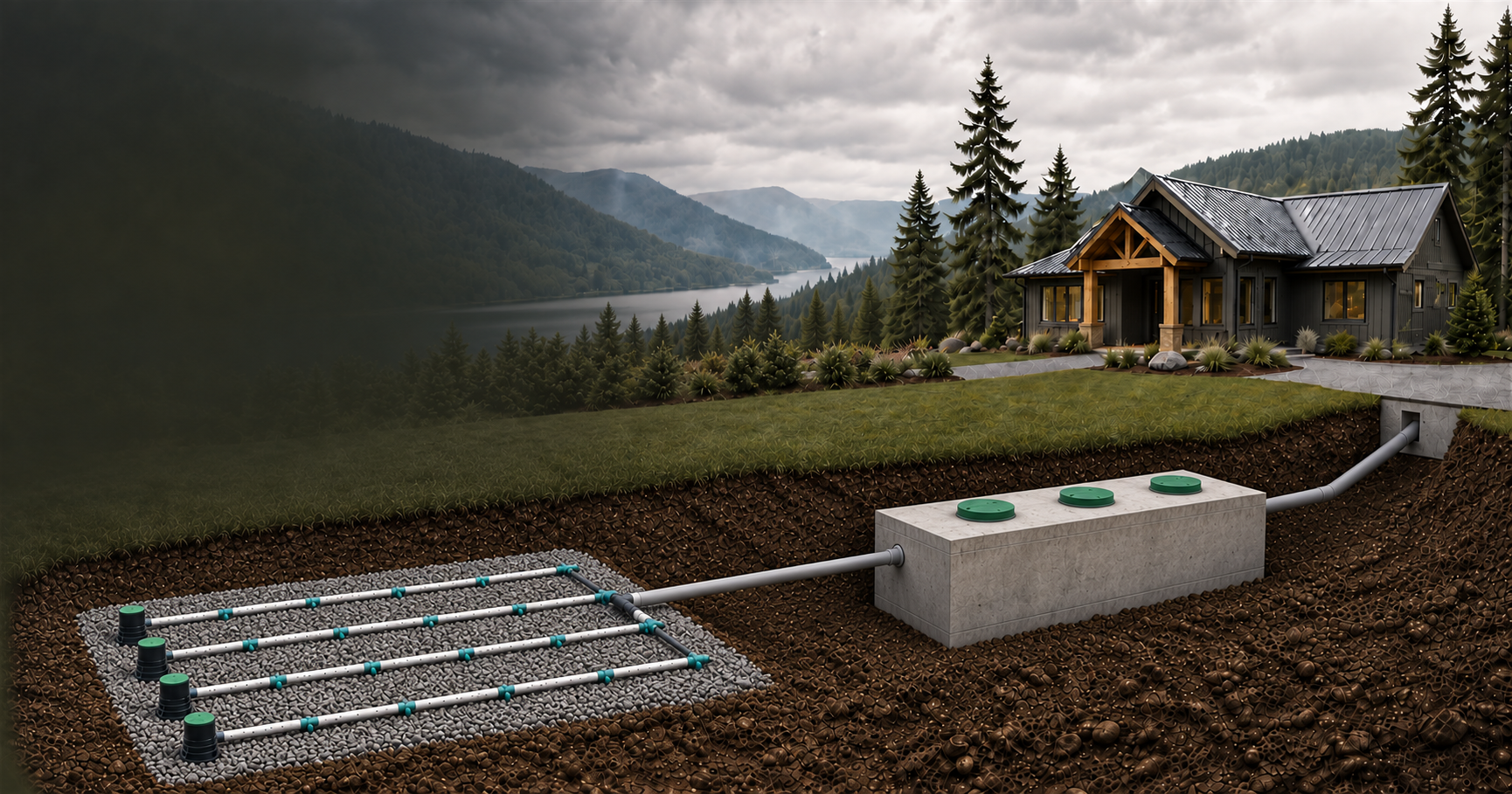 Conceptual cutaway of a house connected by an underground pipe to a septic tank and dispersal field