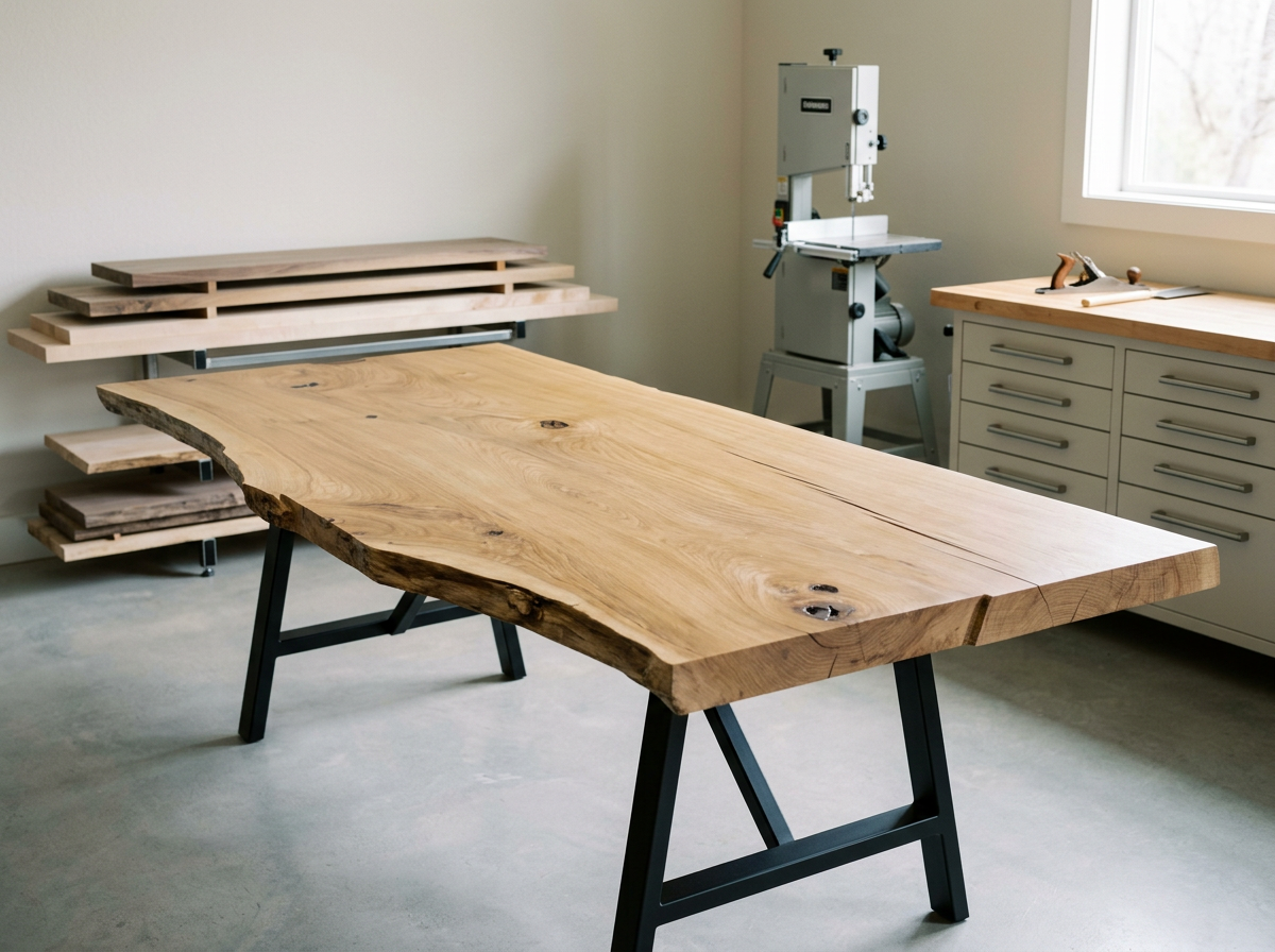 A woodworking workshop with a large live edge wooden table on black metal legs, a stack of wooden planks on a rack, a bandsaw in the background, and a white cabinet with drawers near a window.