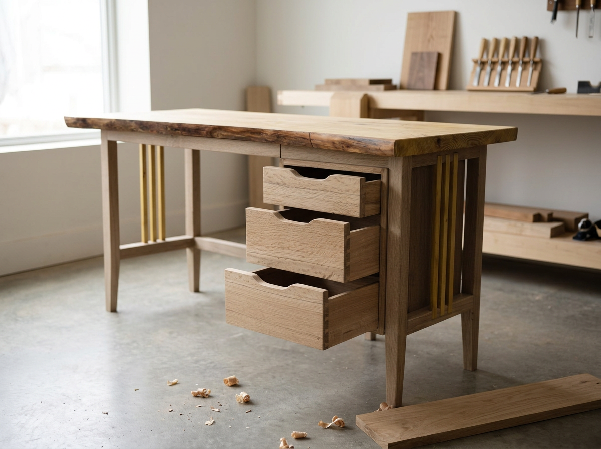A wooden work desk with four drawers and a natural wood tabletop in a woodworking shop.