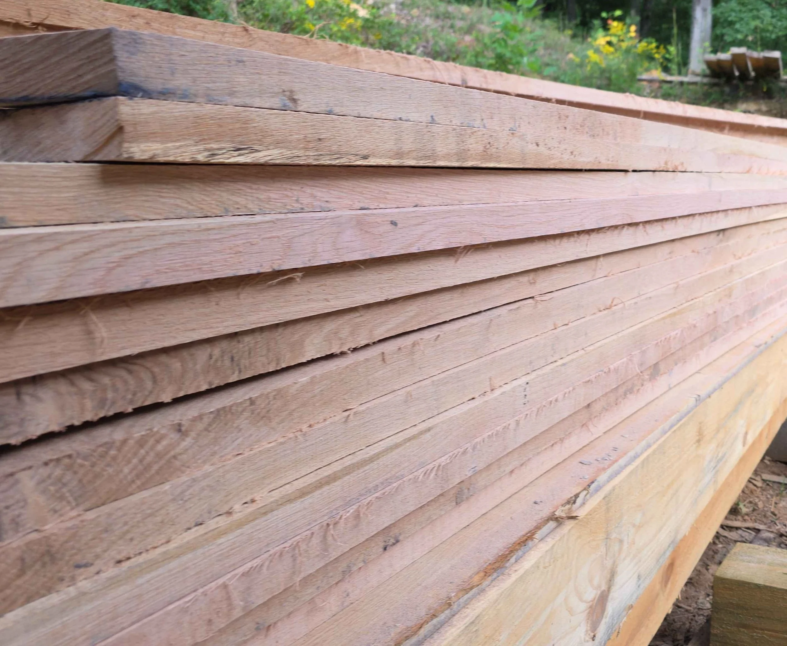 Stacked oak boards outdoors with a background of green foliage and trees.