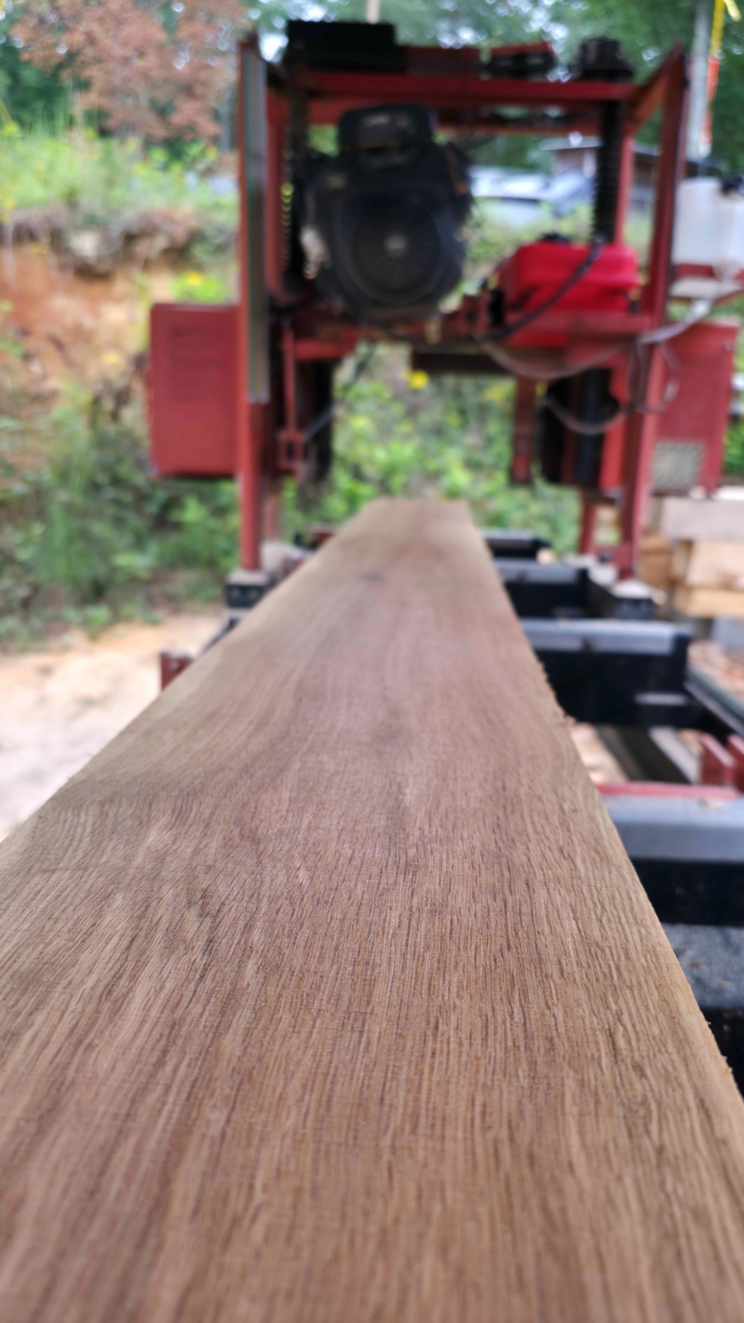 Close-up view of a oak beam with a sawmill blurred in the background.