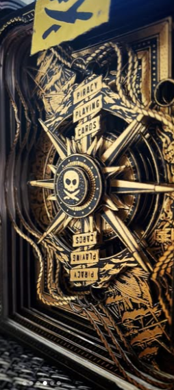 Pirate-themed artwork featuring a skull with a pirate hat, surrounded by a ship's wheel, swords, and a banner with the words 'Piracy Playing Cards'. Pete McKinnon. Theory 11