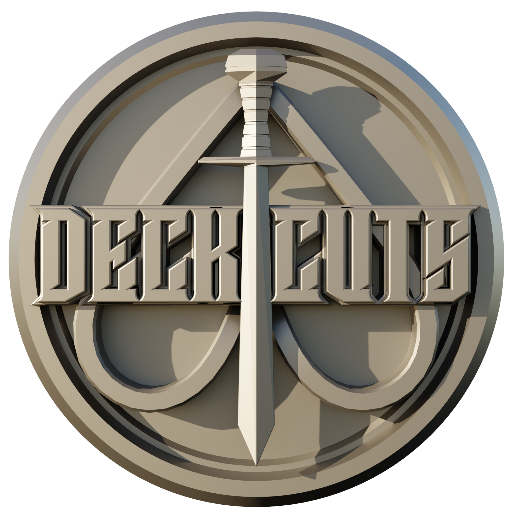A decorative emblem featuring a sword and stylized text on a circular background with concentric rings.