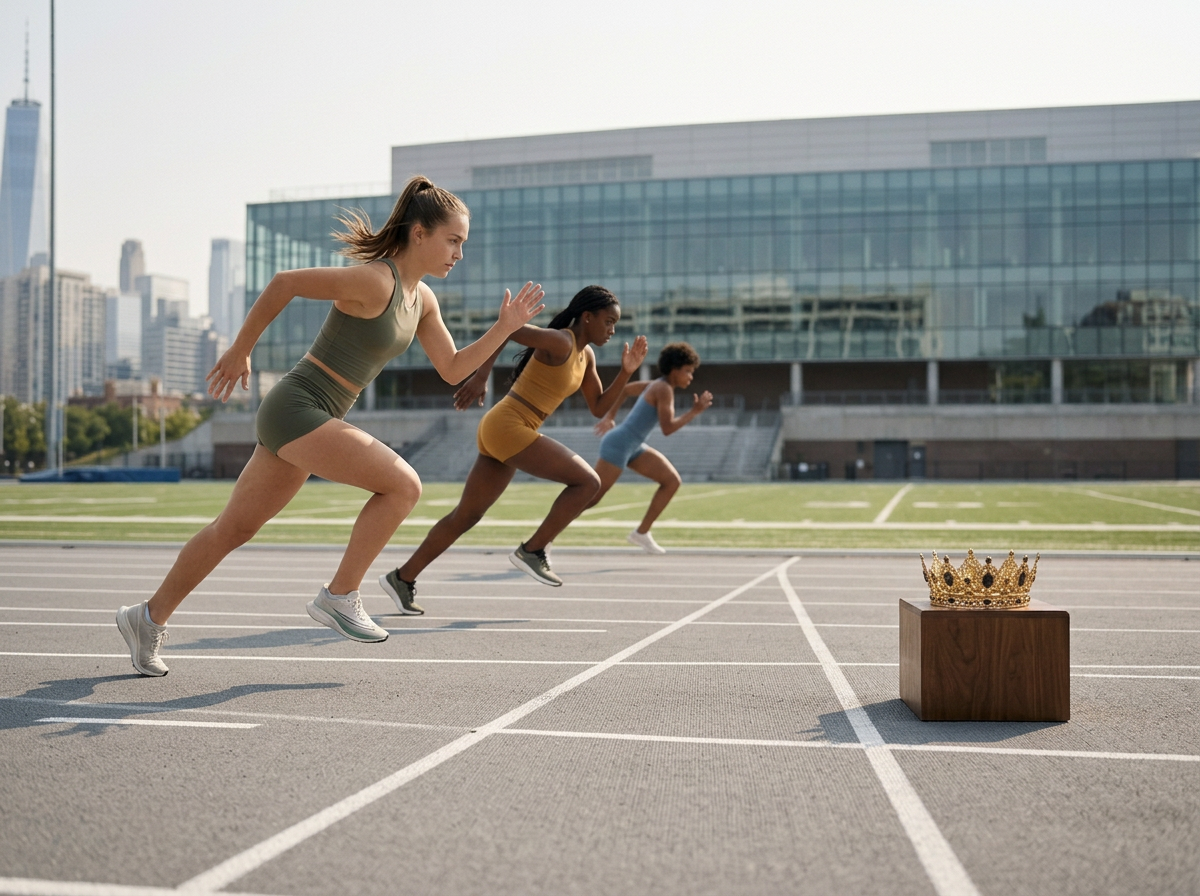 Three women in athletic clothing running on a track towards a crown resting on a wooden box, on an outdoor sports field with city skyline and modern building in the background.