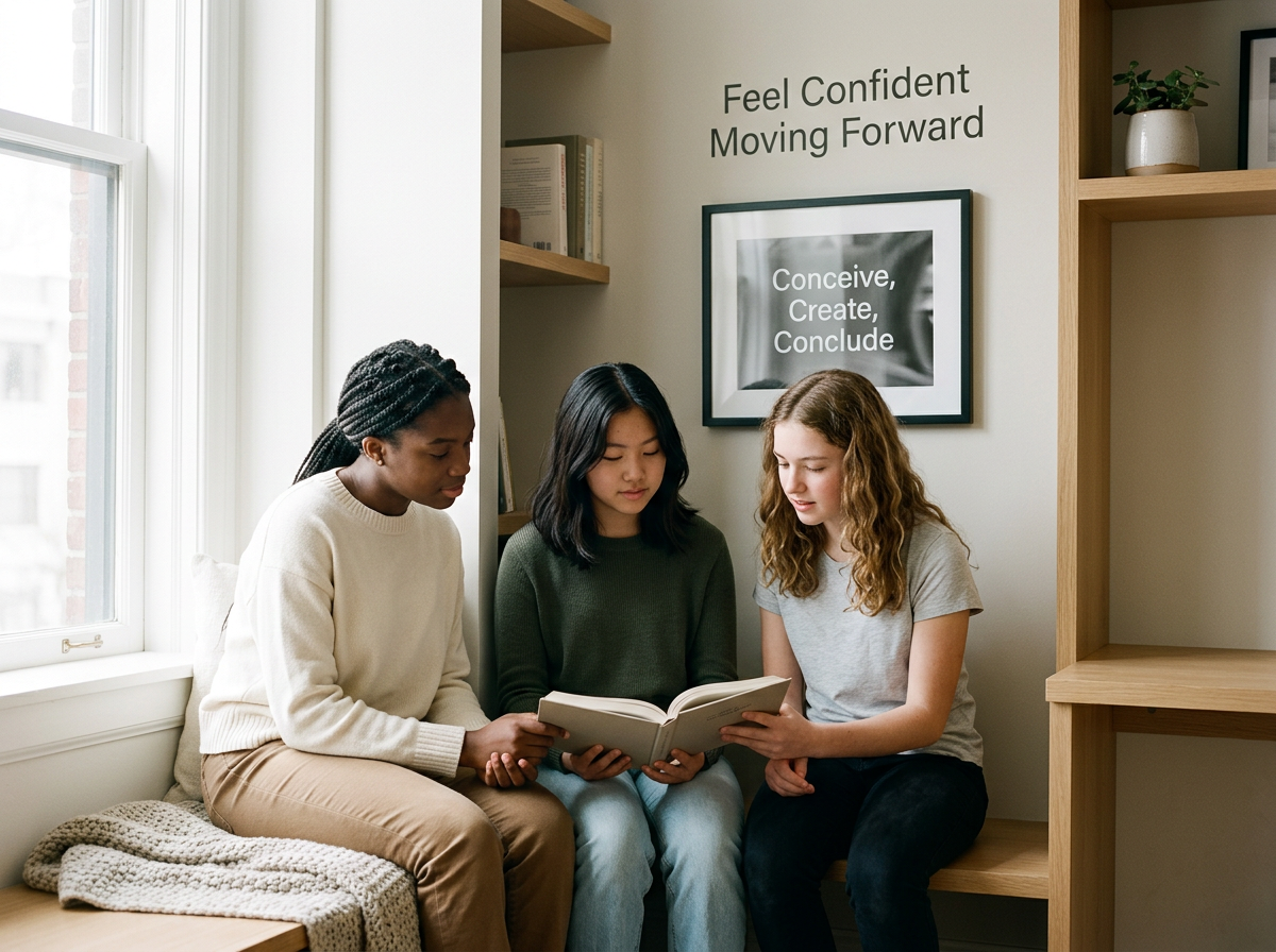 Three young women sitting together on a bench by a window, reading a book. The room has light-colored walls with motivational quotes and framed artwork.