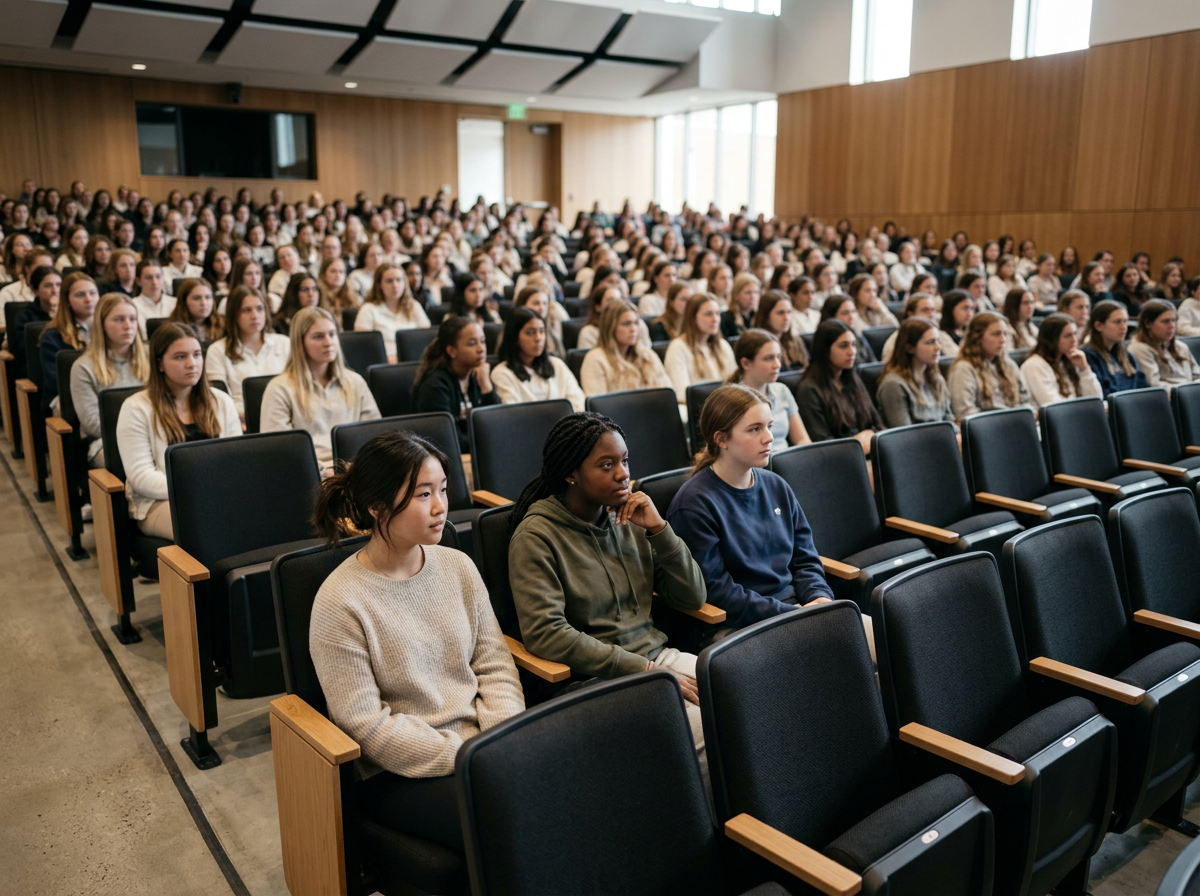 A large auditorium filled with many young women sitting attentively in black chairs, attending a presentation or lecture.