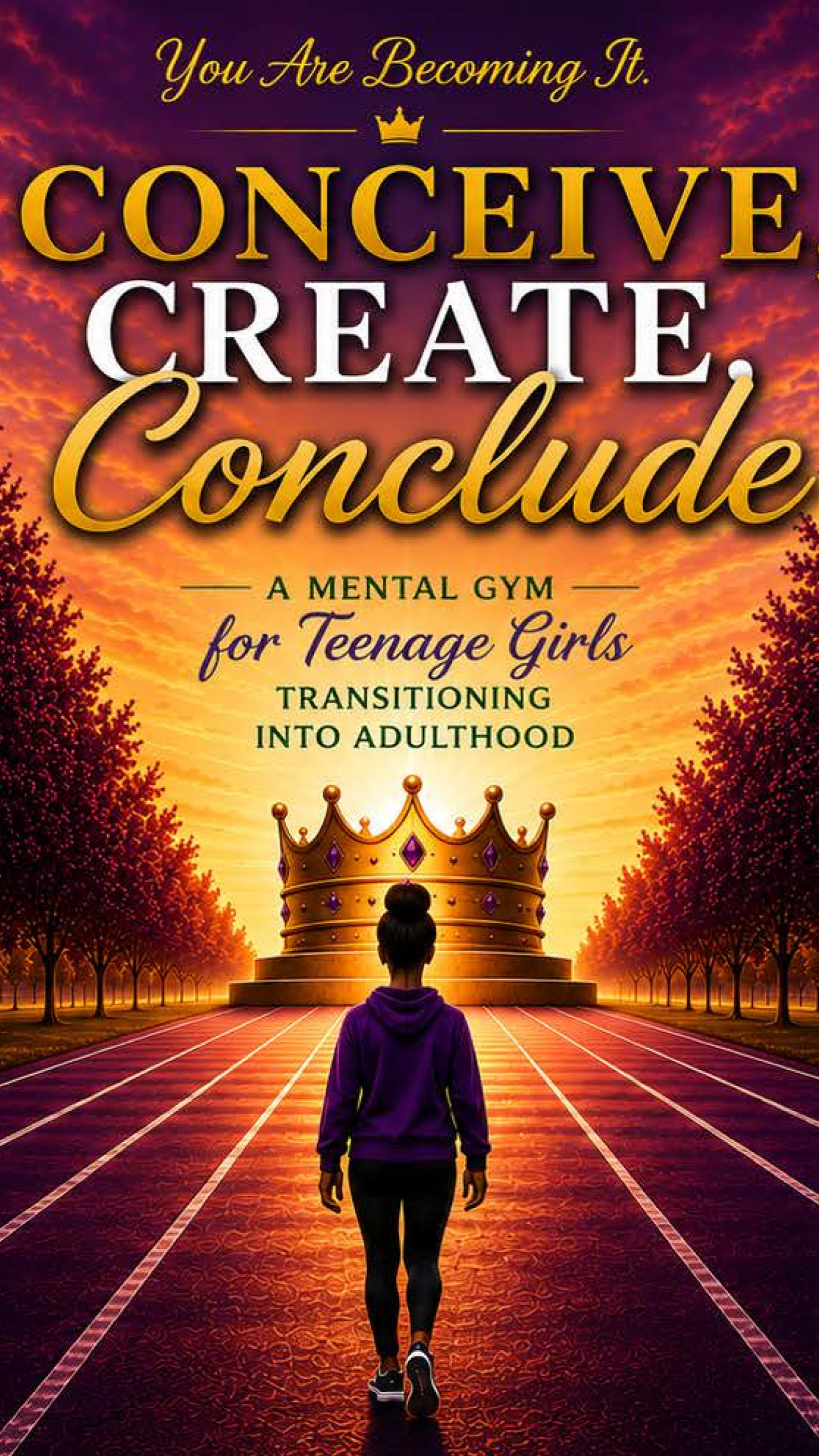 Book cover with a woman jogging on a track towards a golden crown, surrounded by trees at sunset. The title reads 'You Are Becoming It. Conceive. Create. Conclude. A mental gym for teenage girls transitioning into adulthood.'
