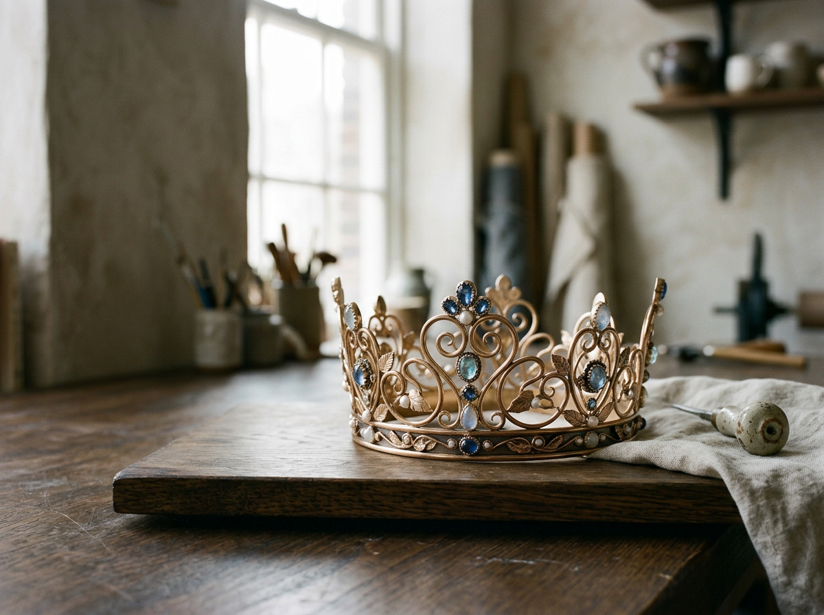 A gold tiara with blue, white, and clear gemstones resting on a wooden surface in a rustic kitchen or workshop.
