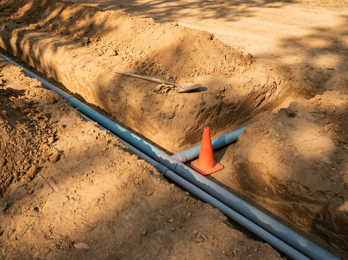 A construction site with an exposed trench containing blue PVC pipes, orange safety cone, and a shovel resting on the dirt.