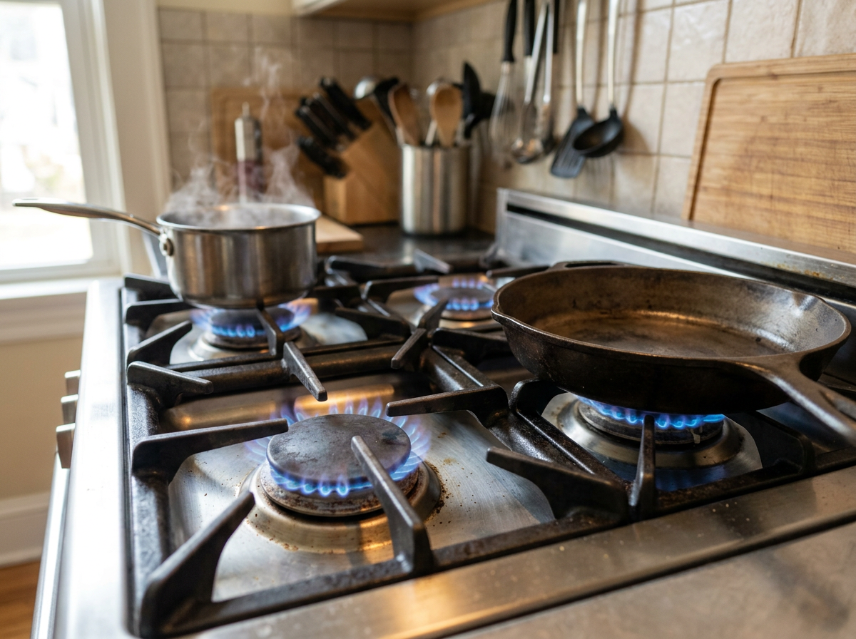 A stove with two burners on, one with a steaming pot and the other with a cast iron skillet, in a kitchen with beige tiled walls and utensils hanging above.