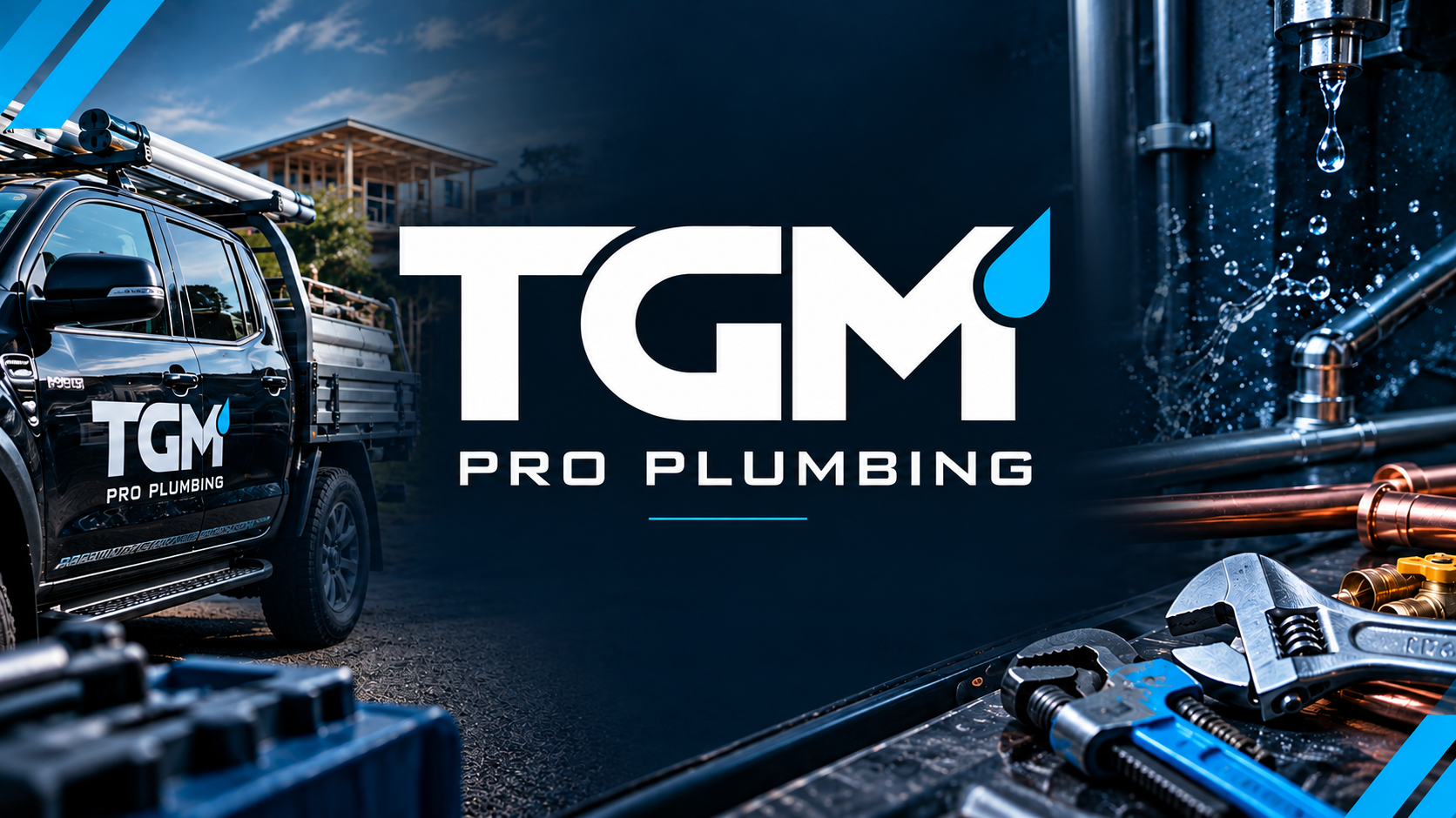 A black service truck with the logo TGM Pro Plumbing on the door, parked outdoors. The background shows a house under construction and a cloudy sky. On the right, plumbing tools, copper pipes, and water splashes are visible, emphasizing plumbing work.