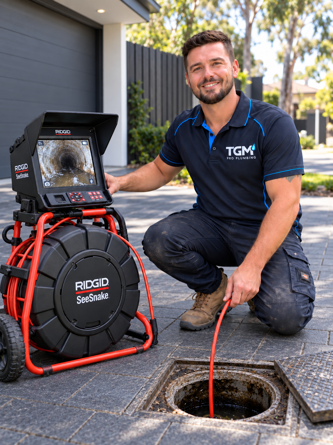 A plumber kneeling on a sidewalk near an open sewer drain. He is holding a red snake camera connected to a portable device, which is showing the inside of the sewer pipe on its screen. The man is smiling and wearing a dark blue TGM Pro Plumbing shirt.