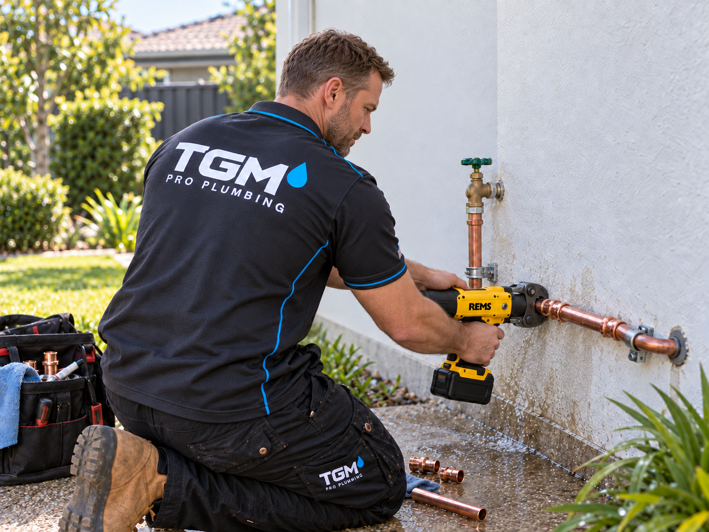 A plumber wearing a TGM Pro Plumbing uniform kneeling outside, using a REMS power tool to work on copper pipes connected to the exterior wall of a house.
