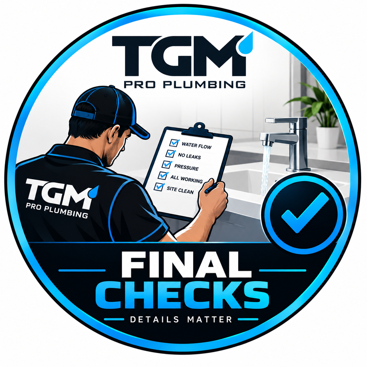 A plumbing professional wearing a uniform with the logo TGM Pro Plumbing, looking at a checklist with checks for water flow, no leaks, pressure, all working, and site clean, next to a modern sink with running water, a potted plant in the background, and a large checkmark icon. The text reads 'Final Checks' and 'Details Matter.'