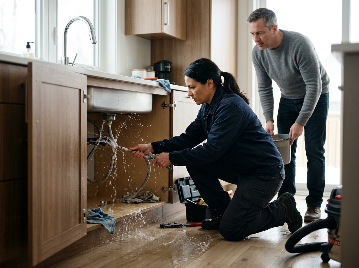 A woman is kneeling under a kitchen sink, repairing a leak, while a man stands nearby holding a bucket.