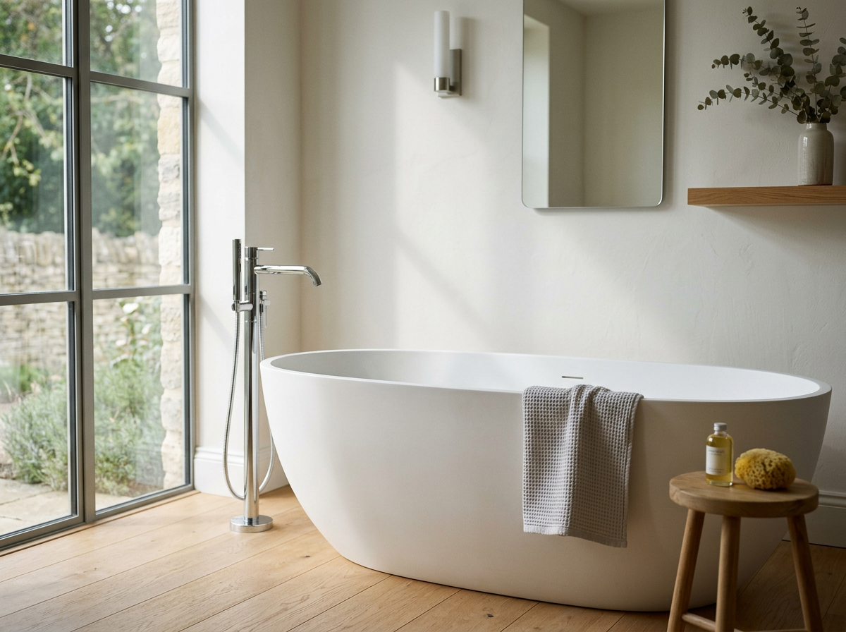 Modern bathroom with a white freestanding bathtub next to large windows and natural light, with a small wooden stool holding bath products, a wall-mounted mirror, and a potted plant on a shelf.